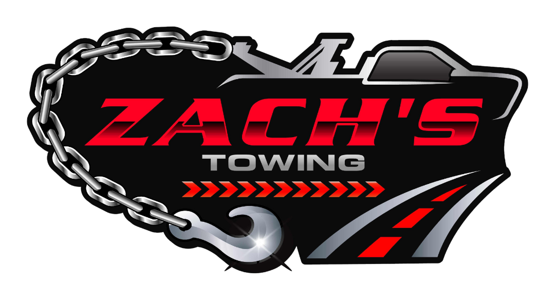 A logo for zach 's towing company with a chain around it