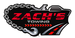 A logo for zach 's towing company with a chain around it