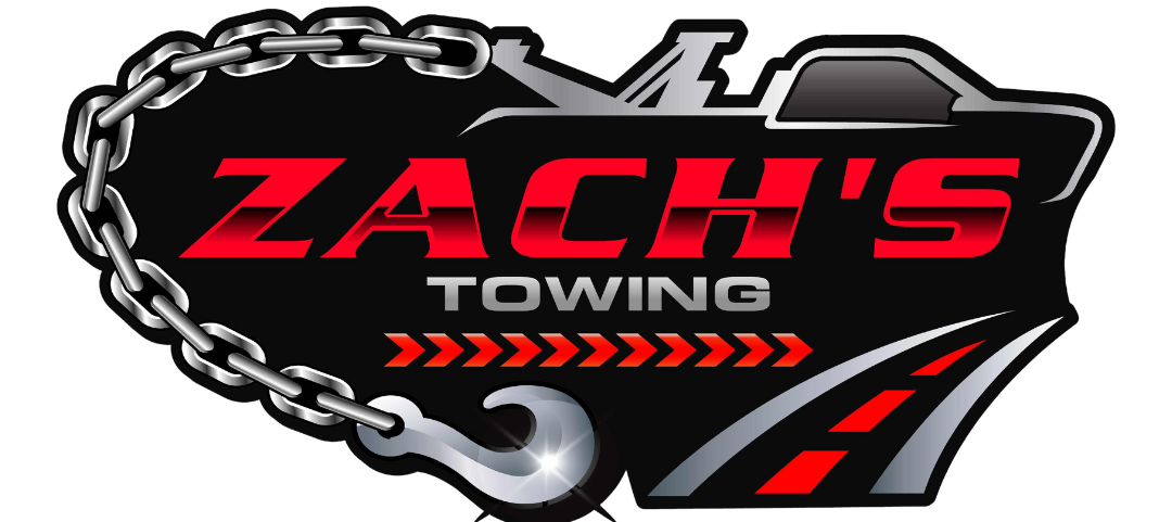 The logo for zach 's towing has a chain around it.