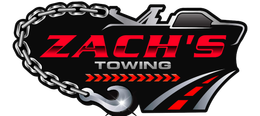 The logo for zach 's towing has a chain around it.