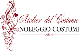 Logo per Atelier del Costume e Noleggio Costumi in bordeaux e nero con decorazioni floreali.