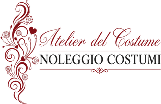Logo per Atelier del Costume e Noleggio Costumi in bordeaux e nero con decorazioni floreali.