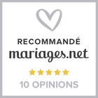 Logo recommandé mariages.net avec un cœur, 5 étoiles dorées et « 10 avis »