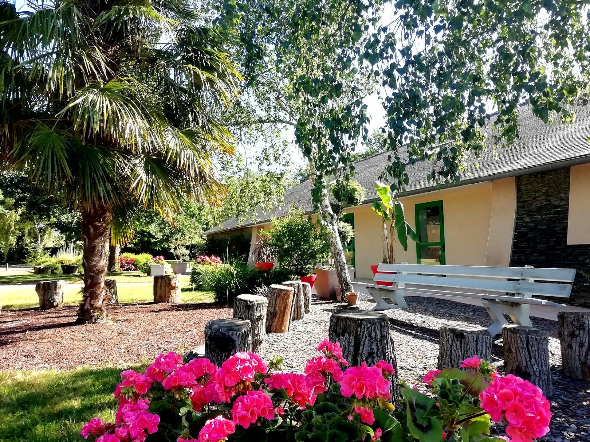 Jardin avec des fleurs rose vif, des arbres et un petit bâtiment avec des bancs dans une cour ensoleillée.