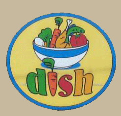 A sticker with a bowl of vegetables and the word dish on it