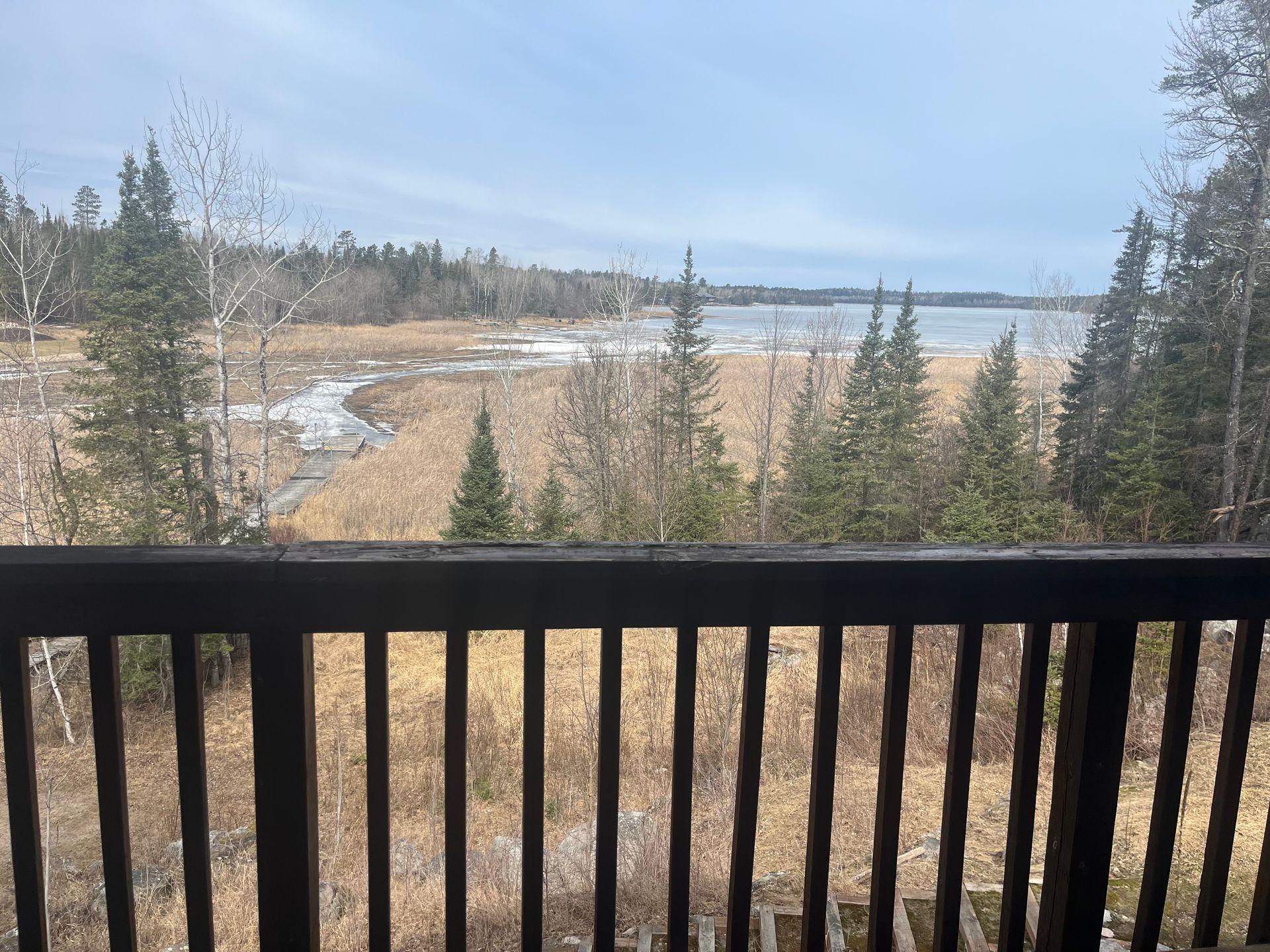 View from a balcony over marshland and evergreen trees toward a distant river under a cloudy sky