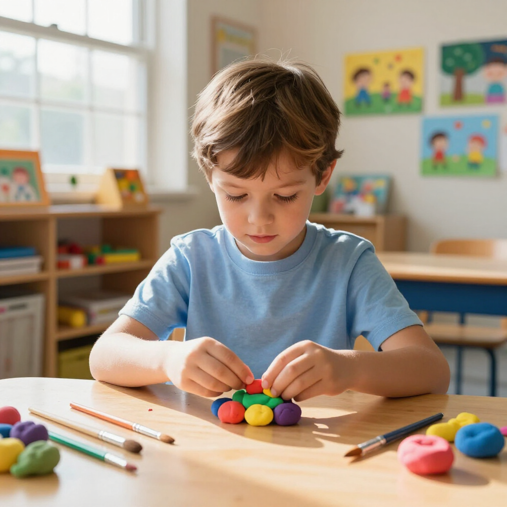 A child sits at a wooden table in a classroom, focused on assembling small, colorful clay spheres.