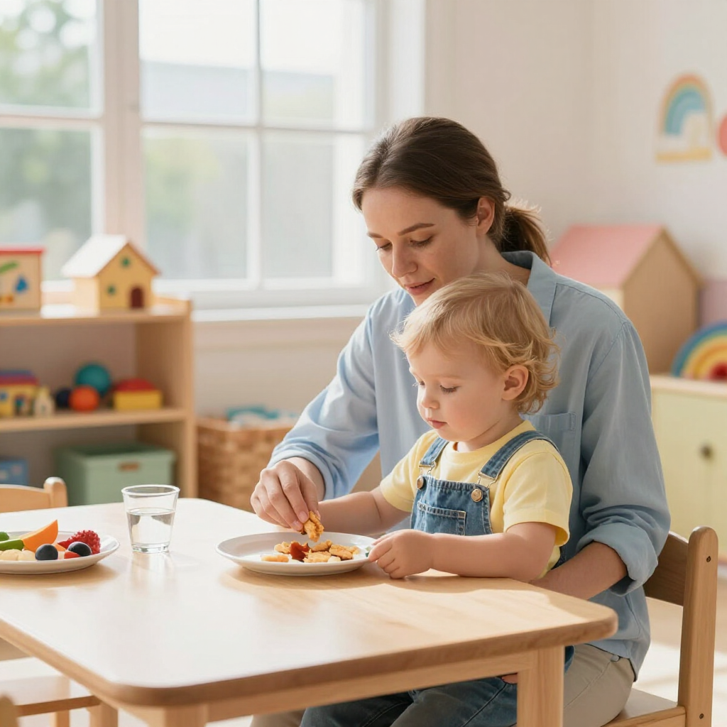 A woman in a blue shirt helps a toddler in yellow and denim overalls eat food on a small wooden table.