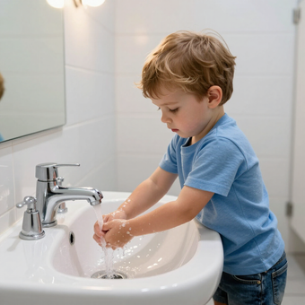A child in a blue shirt washes their hands in a white bathroom sink under a running faucet.