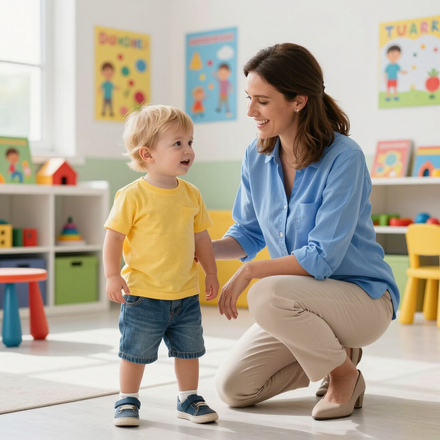 An adult in a blue shirt and khaki pants kneels to talk with a toddler in a yellow shirt in a colorful classroom.