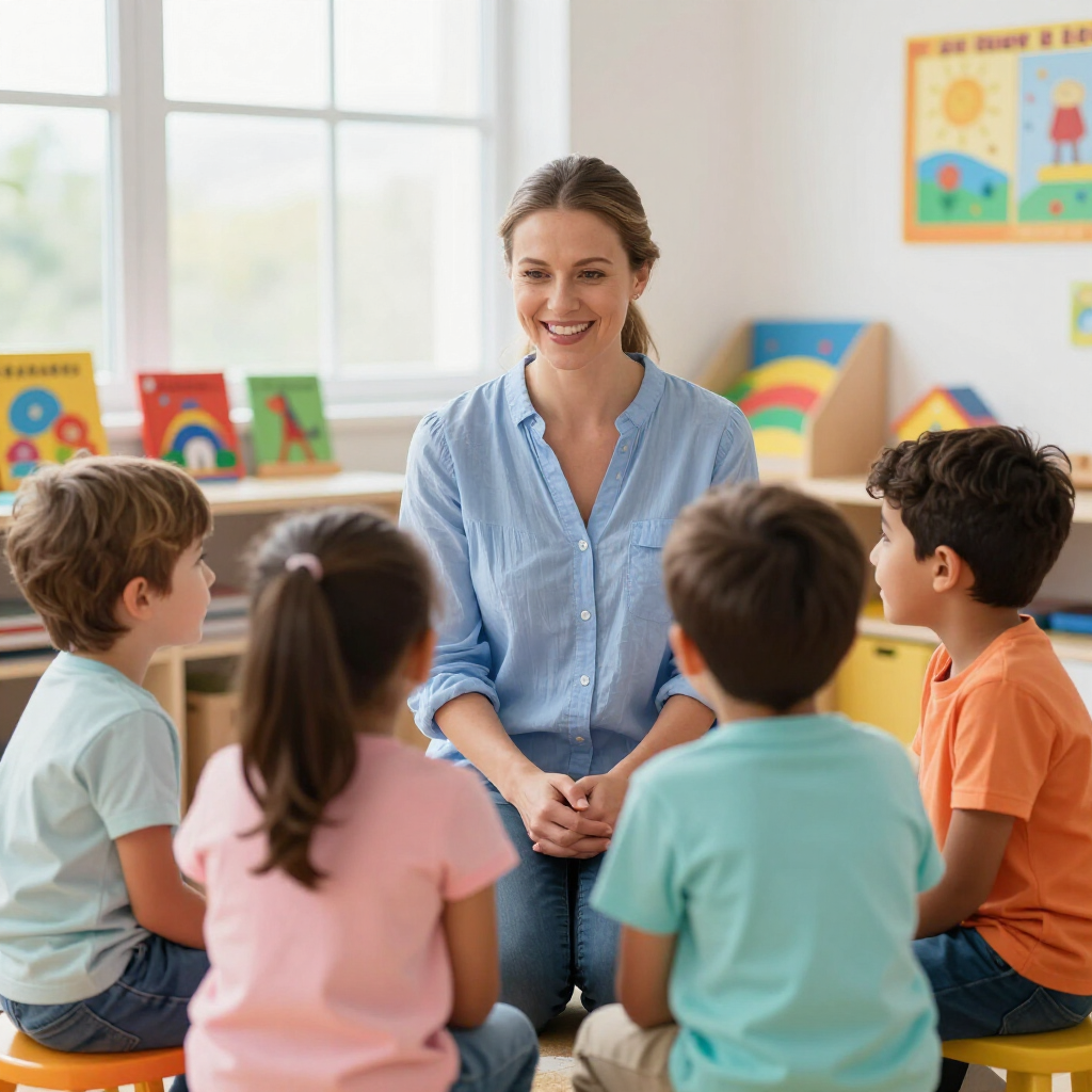A teacher sits with four children in a colorful classroom, engaging them in conversation while they sit in a circle.
