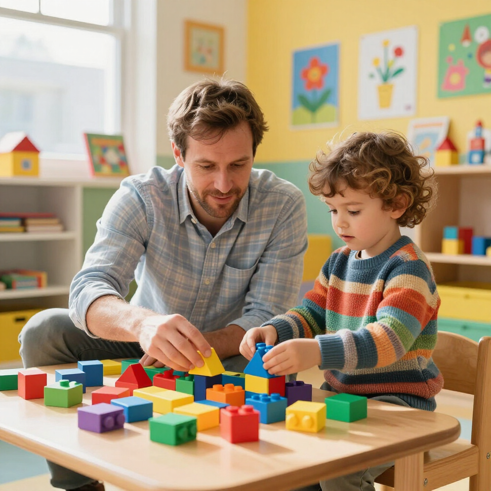 An adult and a child sitting at a table together, engaged in building with colorful plastic blocks in a playroom.