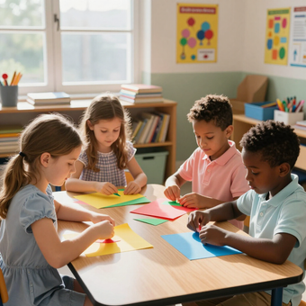 Four children sit at a table in a classroom, focused on cutting and folding colorful construction paper for a craft project.