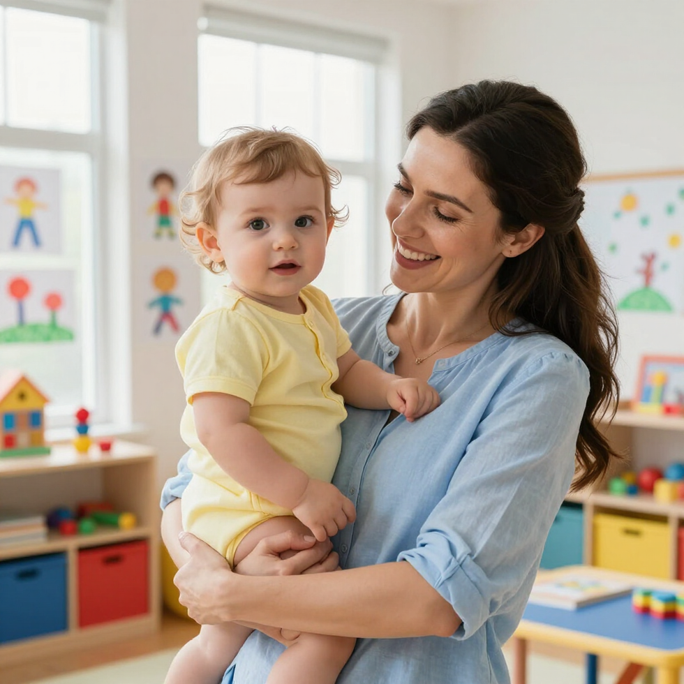 A smiling person in a blue shirt holds a toddler in a yellow onesie inside a brightly colored classroom.