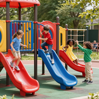 Four children play on a colorful playground structure with red and blue slides.
