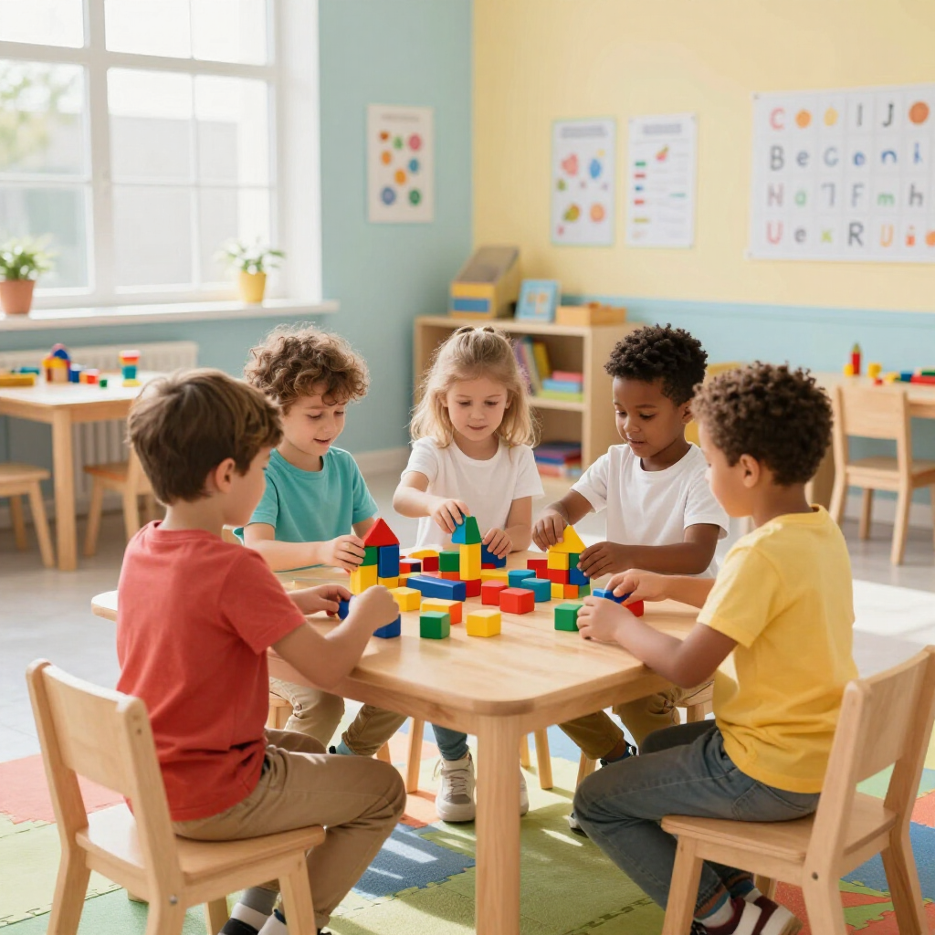 Four children sit around a table in a classroom, cooperatively building with colorful wooden blocks.