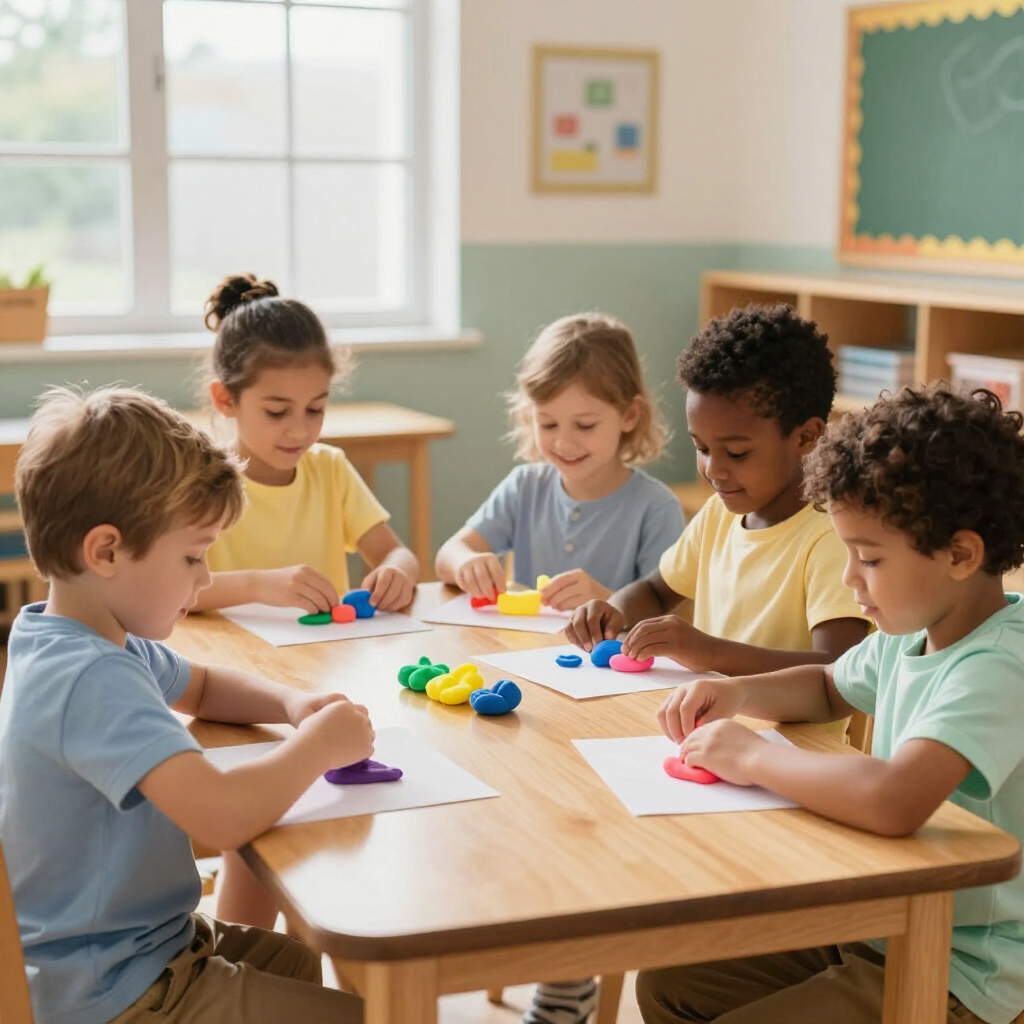 Five children sit at a table in a classroom, focused on creating shapes with colorful modeling clay on paper sheets.