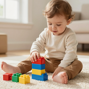 A toddler sitting on a carpeted floor, playing with a stack of colorful building blocks.