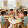 A diverse group of children sit around a wooden table in a brightly lit classroom, building with colorful blocks.