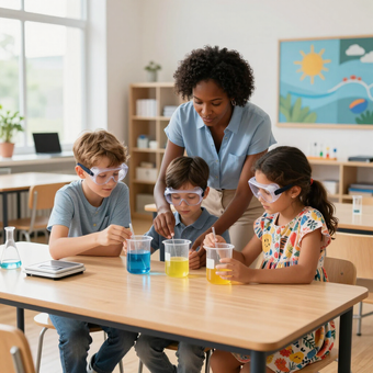 A teacher and three students wearing safety goggles conduct a science experiment with colored liquids in a classroom.