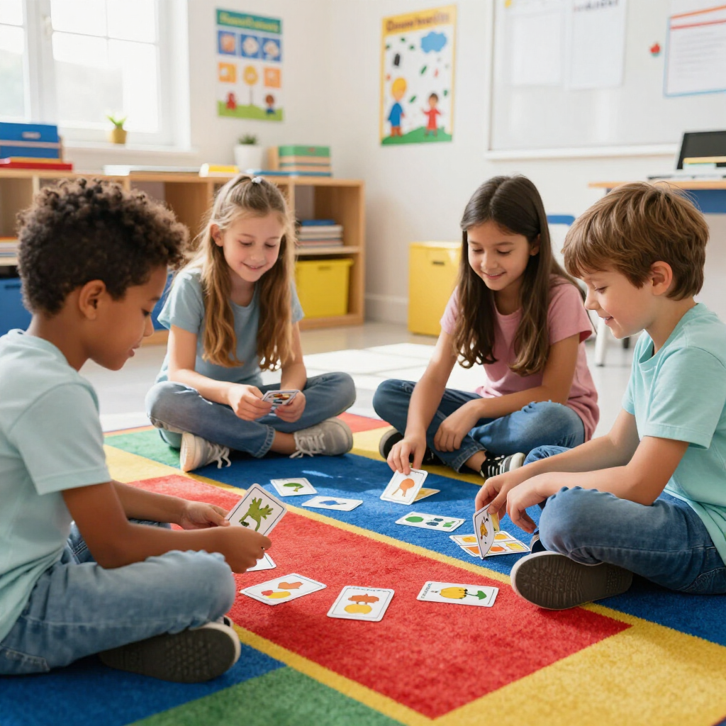 Four children sit on a colorful classroom rug, playing a card matching game together.