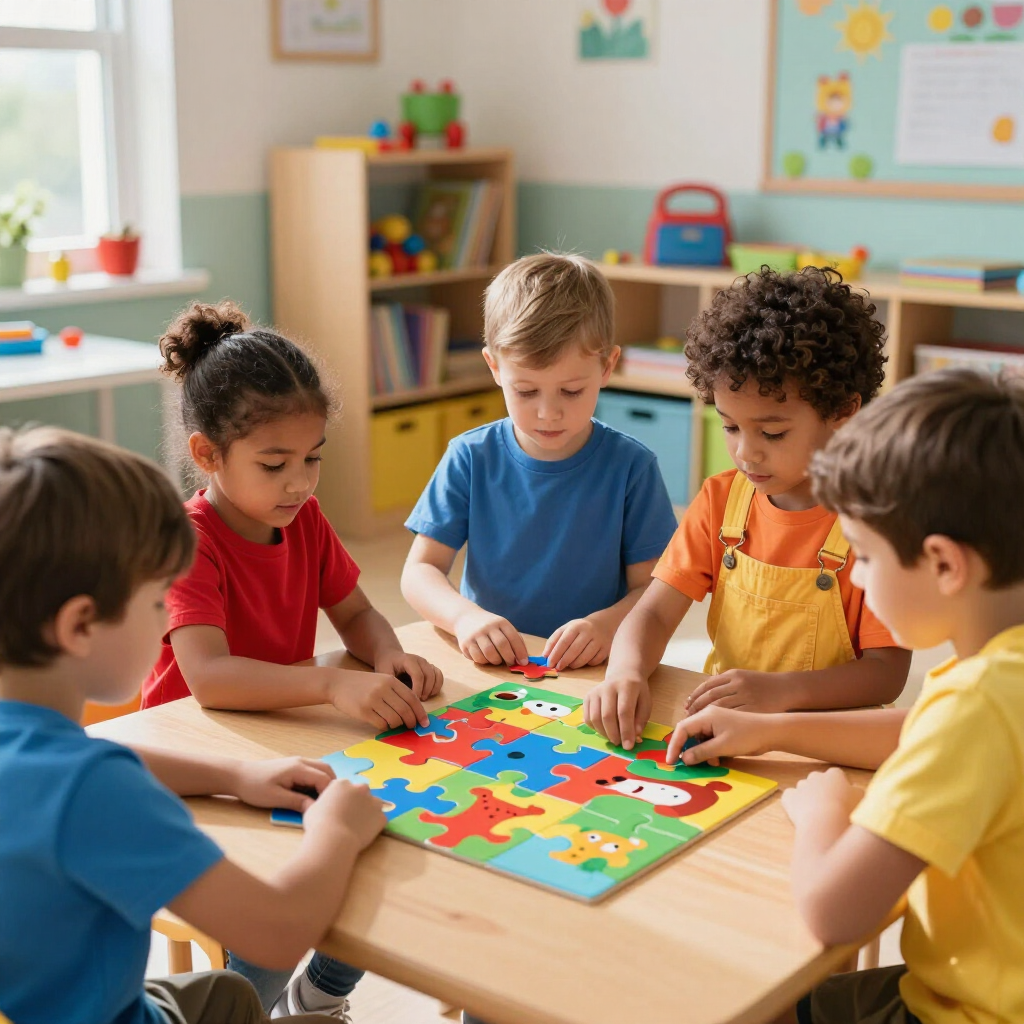 Four children sit at a table in a classroom working together to complete a colorful jigsaw puzzle.