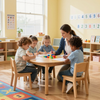 A teacher sits with three children at a round wooden table, working on a learning activity in a bright classroom.