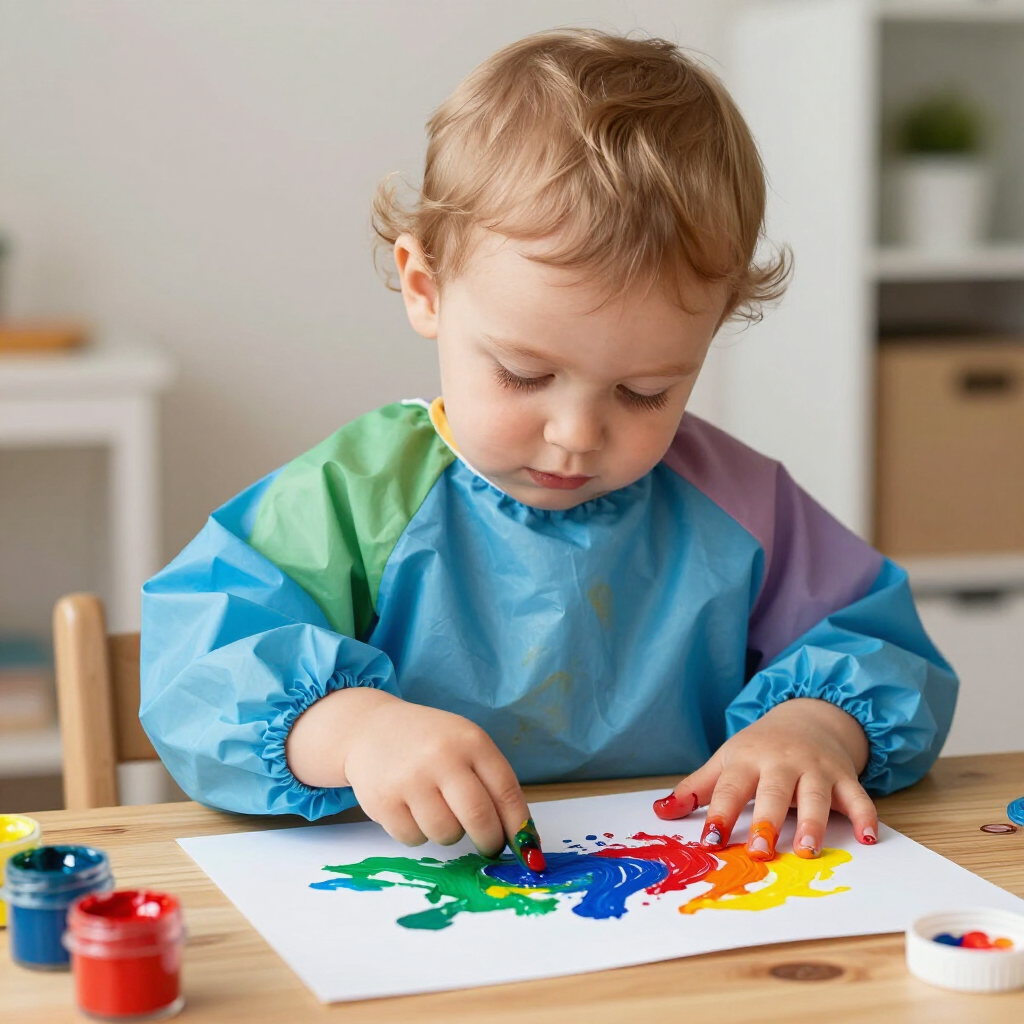 A child in a multicolored smock sits at a wooden table, using their fingers to paint a rainbow pattern on white paper.