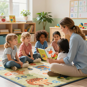 A teacher sits on a colorful classroom rug, reading an illustrated fox book to a small group of attentive children.