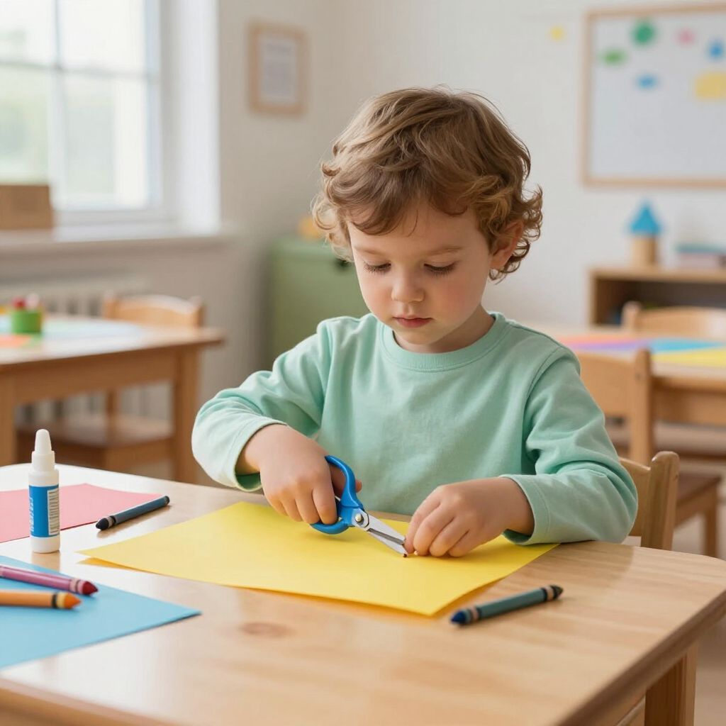 A young child in a light green shirt sits at a wooden table, carefully cutting a yellow piece of paper with blue scissors.
