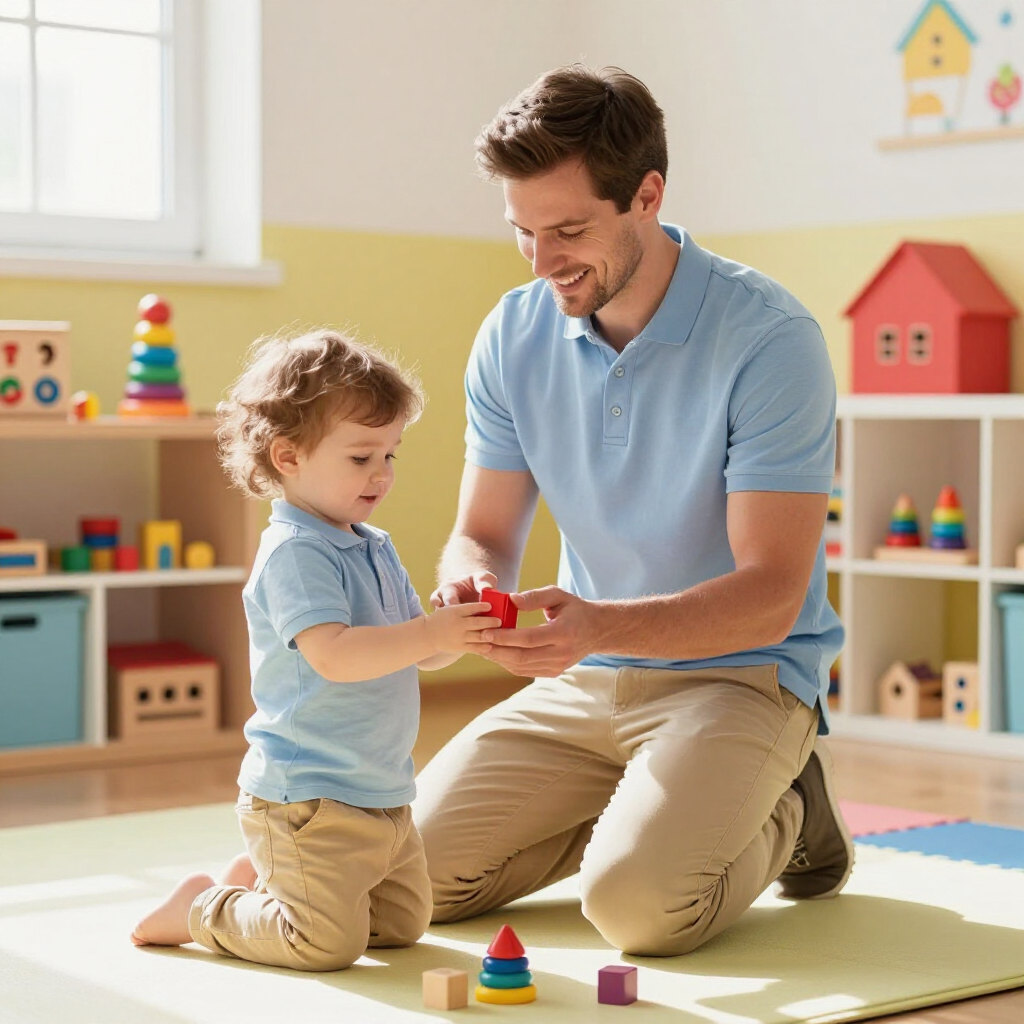 A person and a toddler in matching blue shirts play with colorful stacking blocks on a mat in a bright playroom.