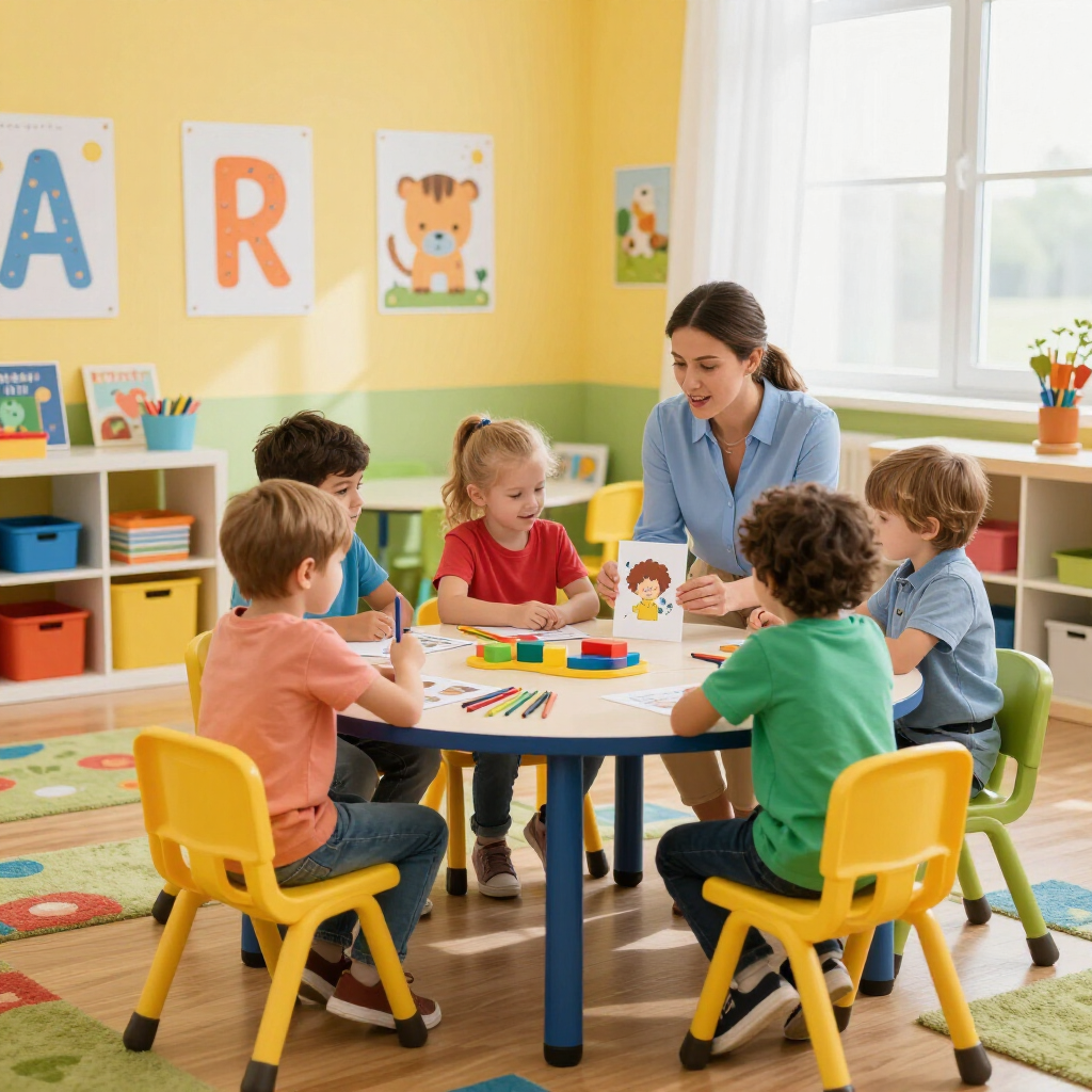A teacher shows a card to a group of children sitting around a circular table in a colorful, bright classroom.
