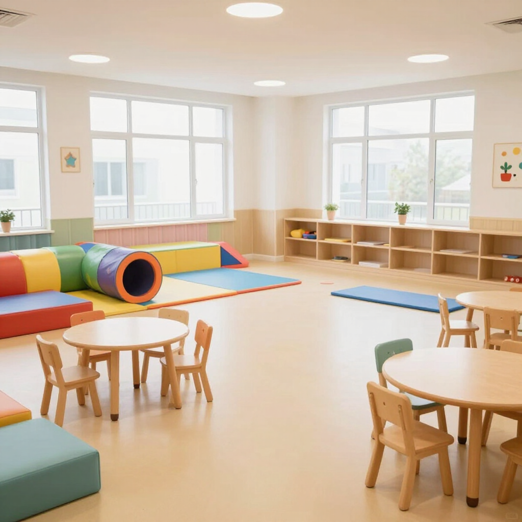 Bright, clean preschool room with round wooden tables, child-sized chairs, colorful soft play equipment, and wall shelving.