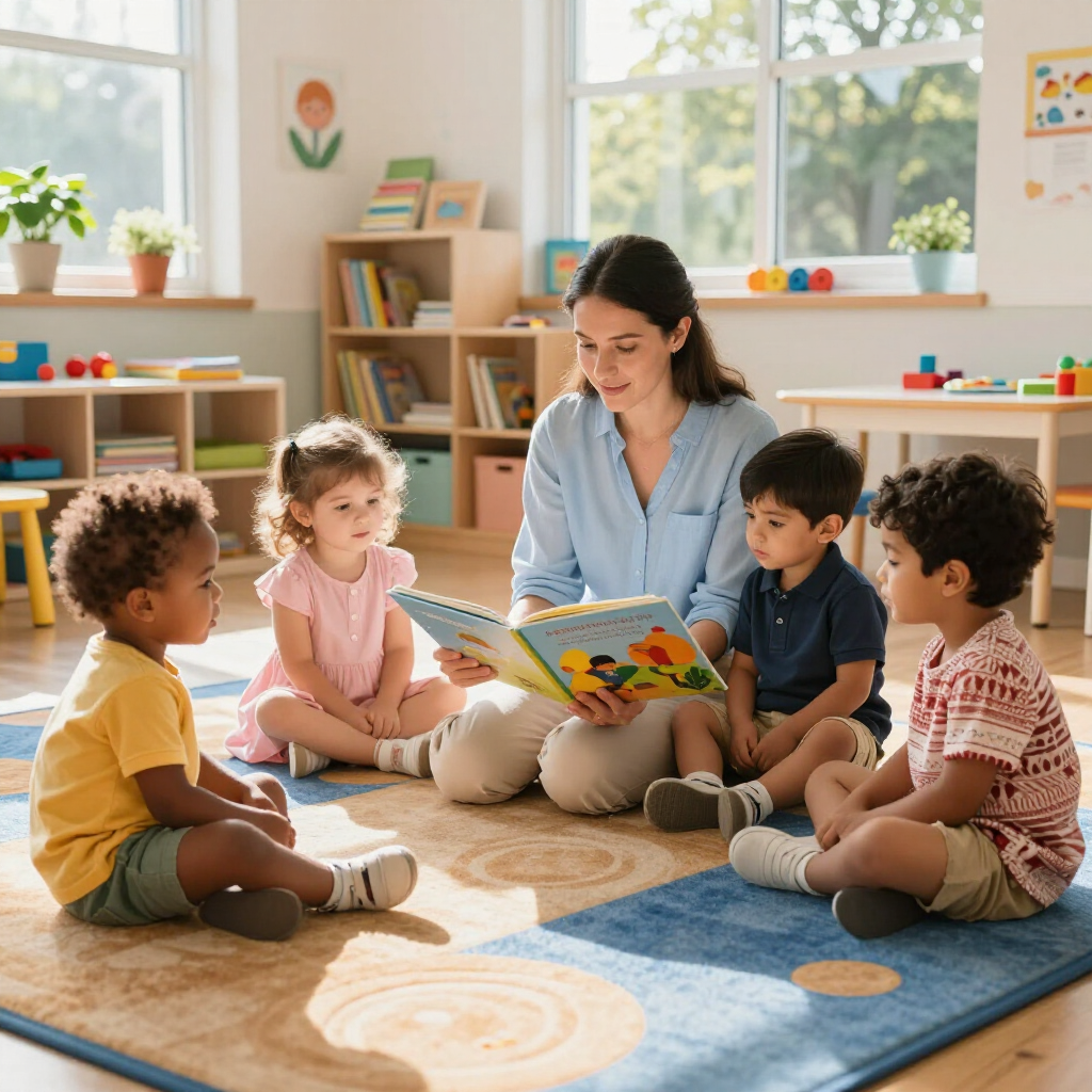 A teacher sits on a rug in a classroom, reading a storybook to four children who are gathered around listening.