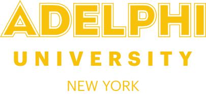 Adelphi University logo in yellow with “New York” underneath on a white background