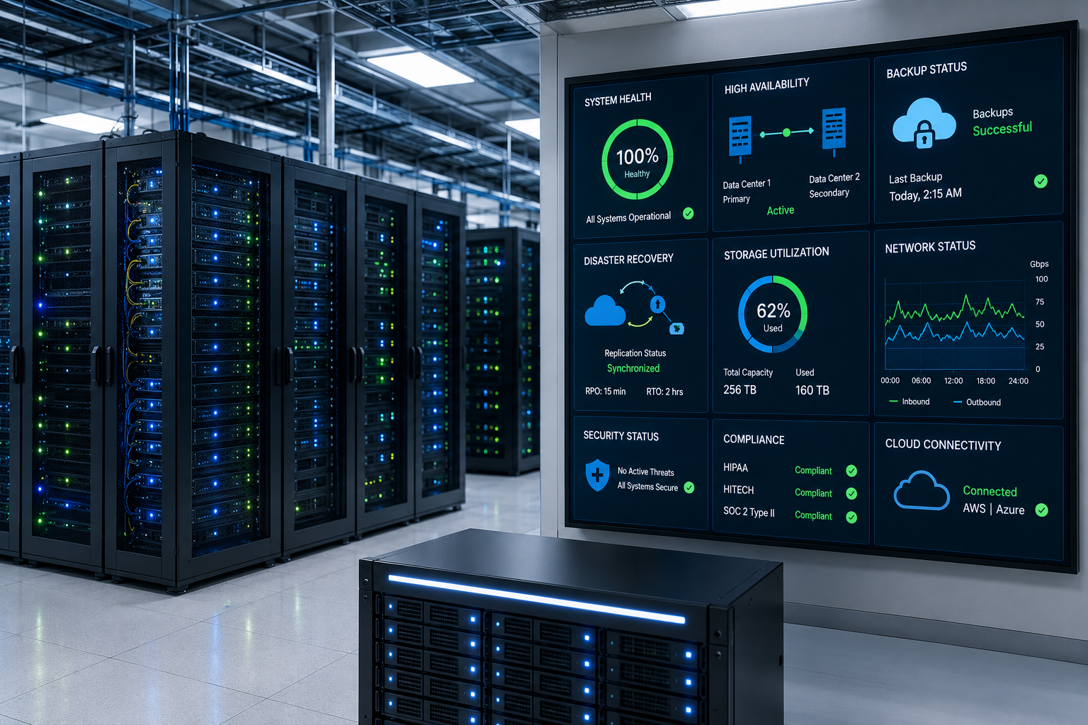 Modern healthcare data center with secure server infrastructure and real-time monitoring dashboard, representing Healthcare IT Services, business continuity, disaster recovery, secure infrastructure, and high-availability technology.