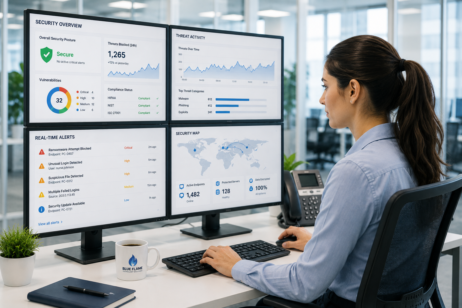 Healthcare cybersecurity analyst monitoring secure digital systems in a modern security operations center, representing Healthcare IT Services, cybersecurity monitoring, threat detection, and patient data protection.