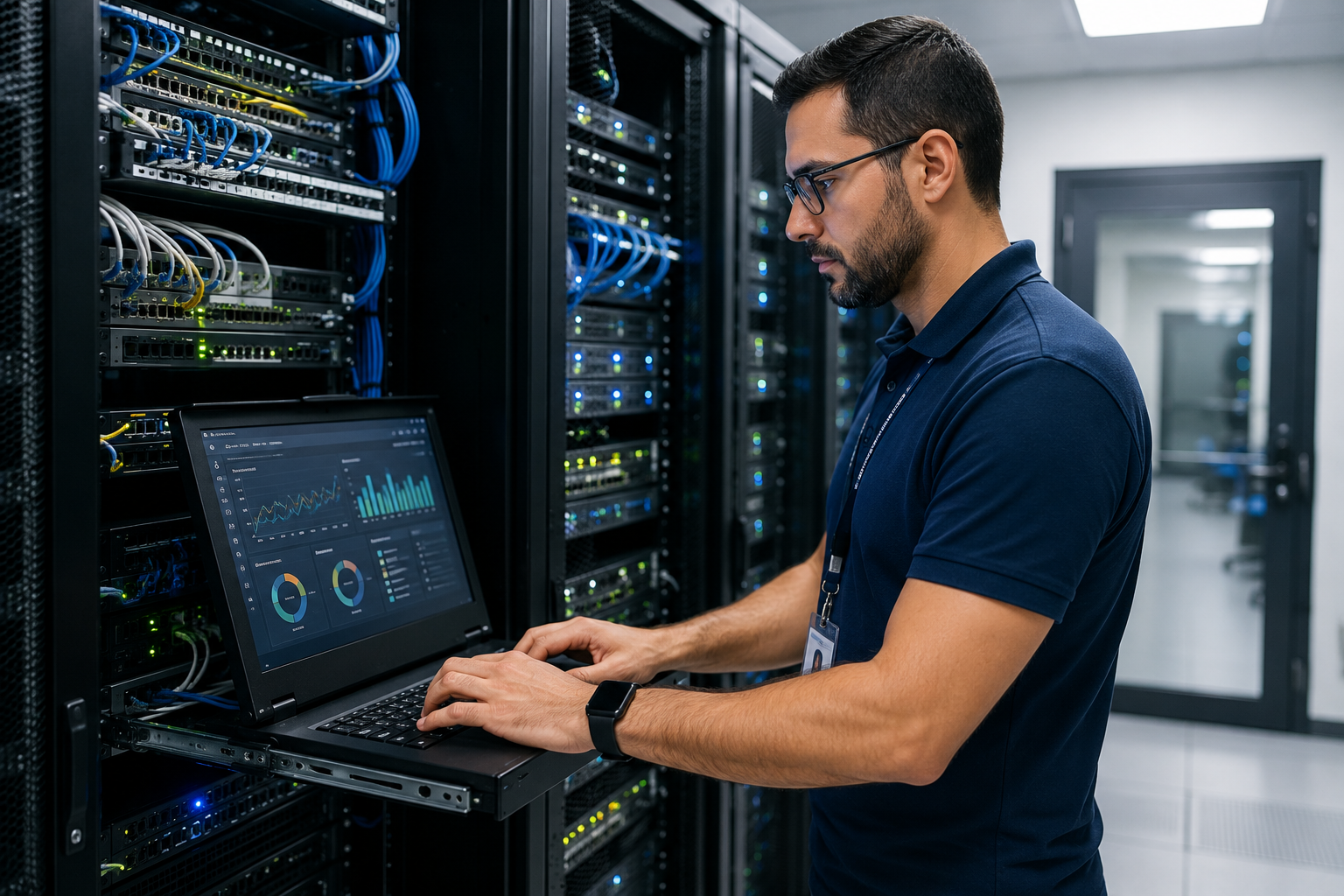 IT engineer managing secure server infrastructure and healthcare network systems, representing Healthcare IT Services, secure infrastructure, network support, cybersecurity, and business continuity.