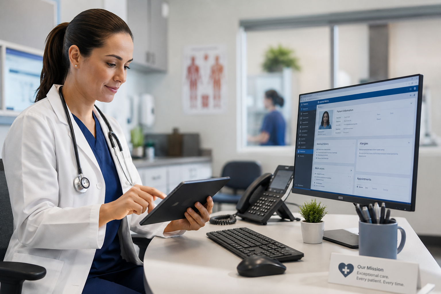 Healthcare professional using secure digital technology in a modern medical office, representing Healthcare IT Services, medical technology, cybersecurity, and secure patient care.