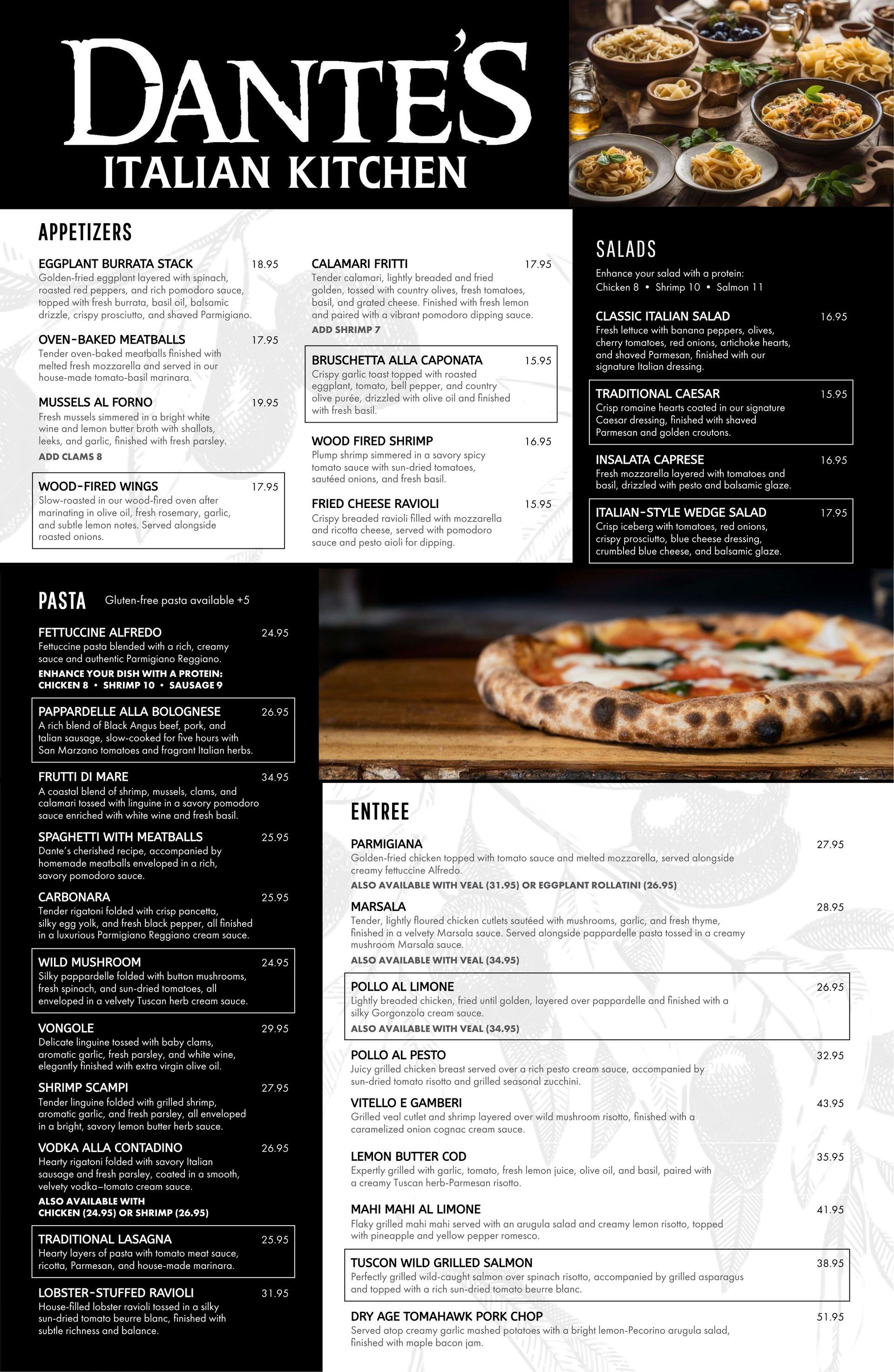 Menu of an Italian kitchen with pizza at the top. Contains starters, pasta, and pizza options.
