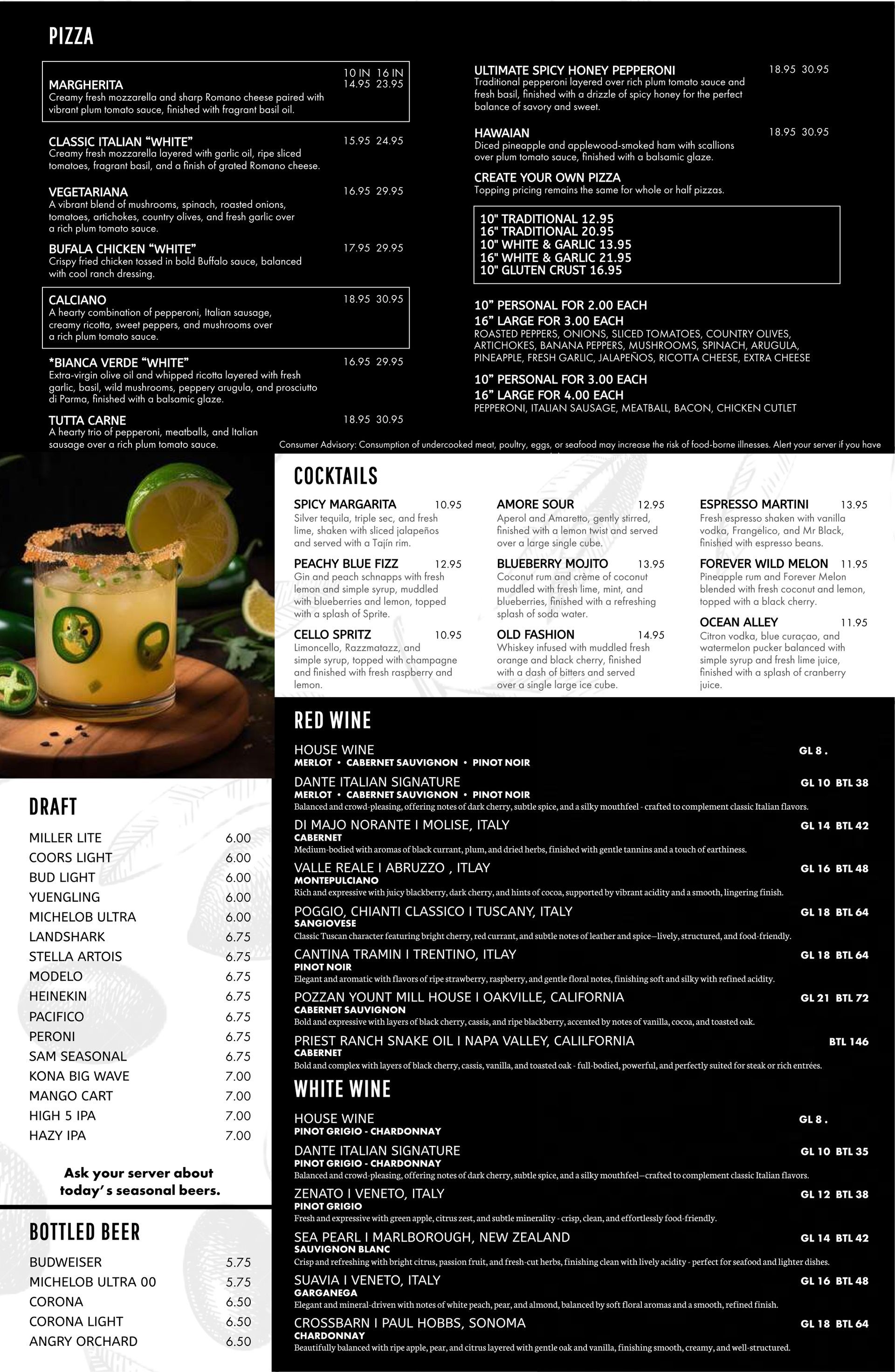 Restaurant menu featuring pizza, drinks, and wine options.