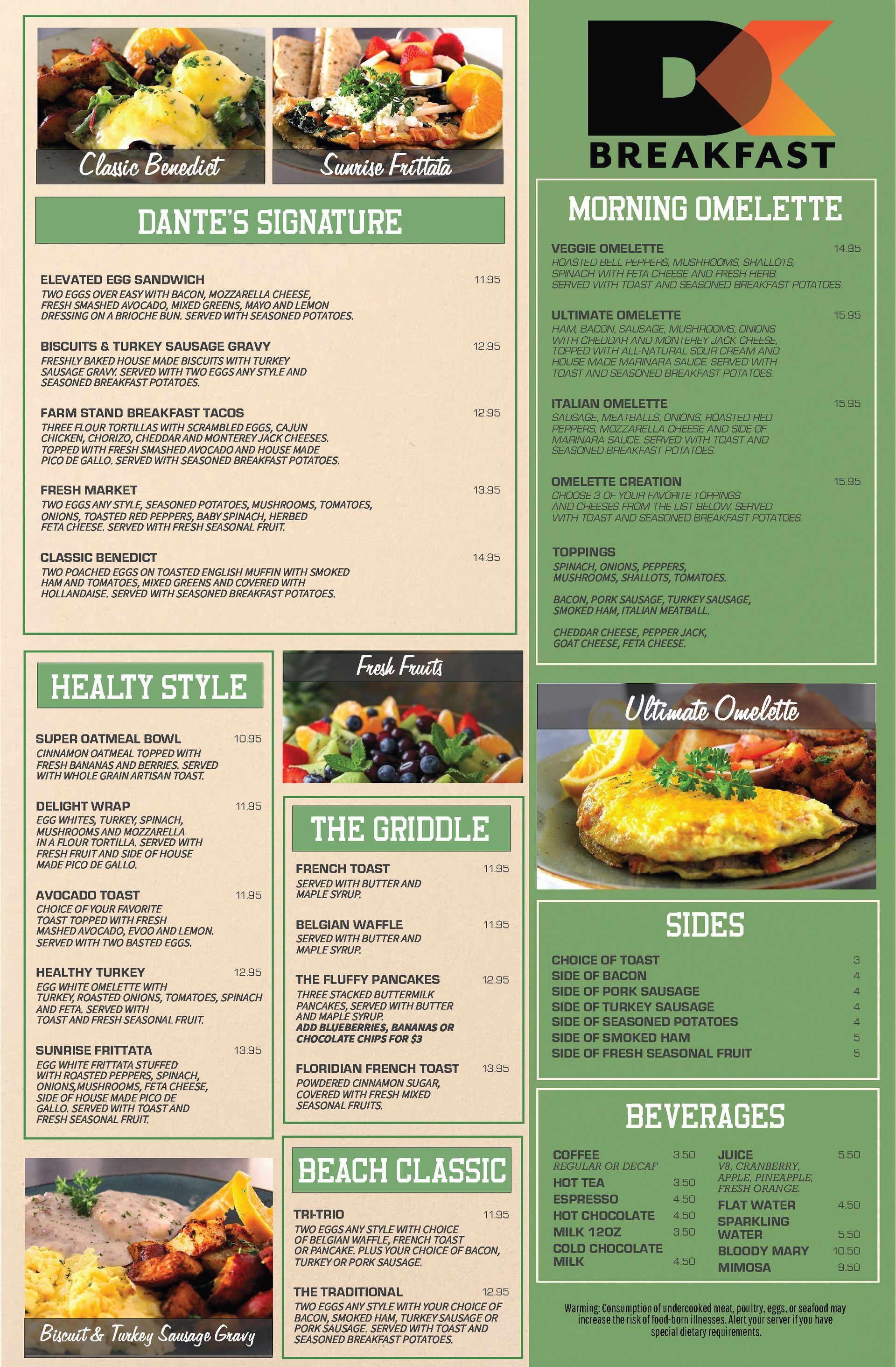 Restaurant menu featuring breakfast items, with photos, text, and a green, tan, and black color scheme.
