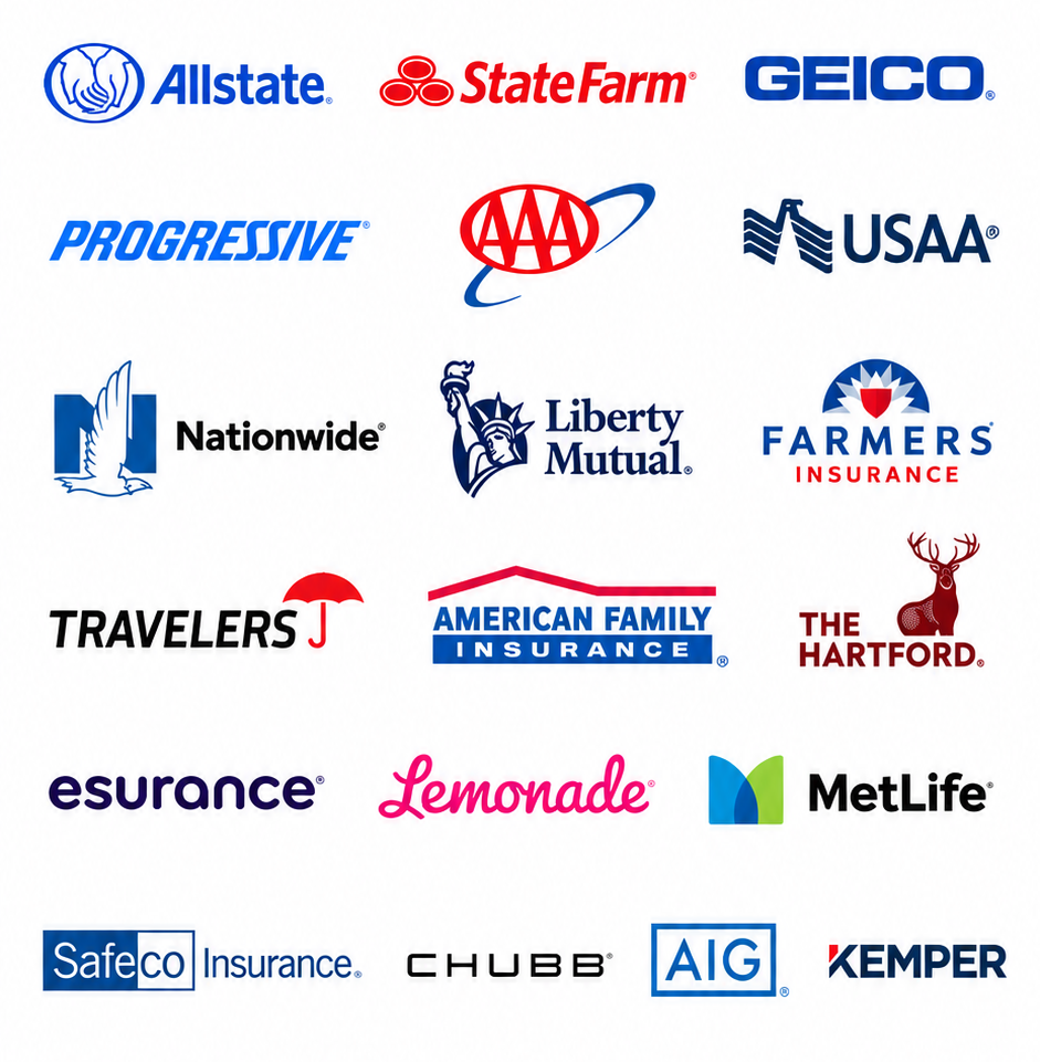 Many insurance company logos arranged in rows on a white background
