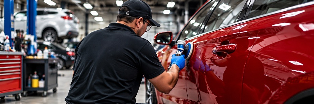 Worker polishing a red car in an auto repair shop