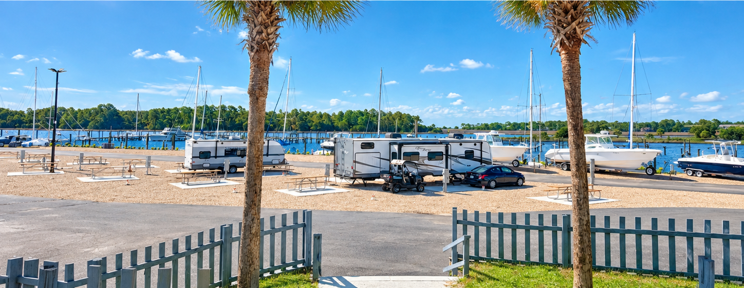 Sandy beach parking area with RVs, palm trees, and a view of the water under a bright blue sky