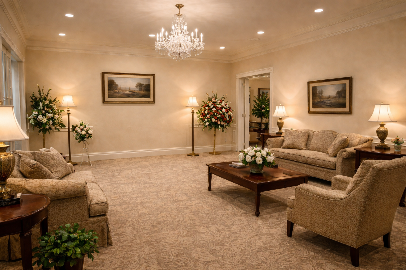Elegant beige living room with sofas, armchairs, coffee table, lamps, chandelier, and floral arrangements
