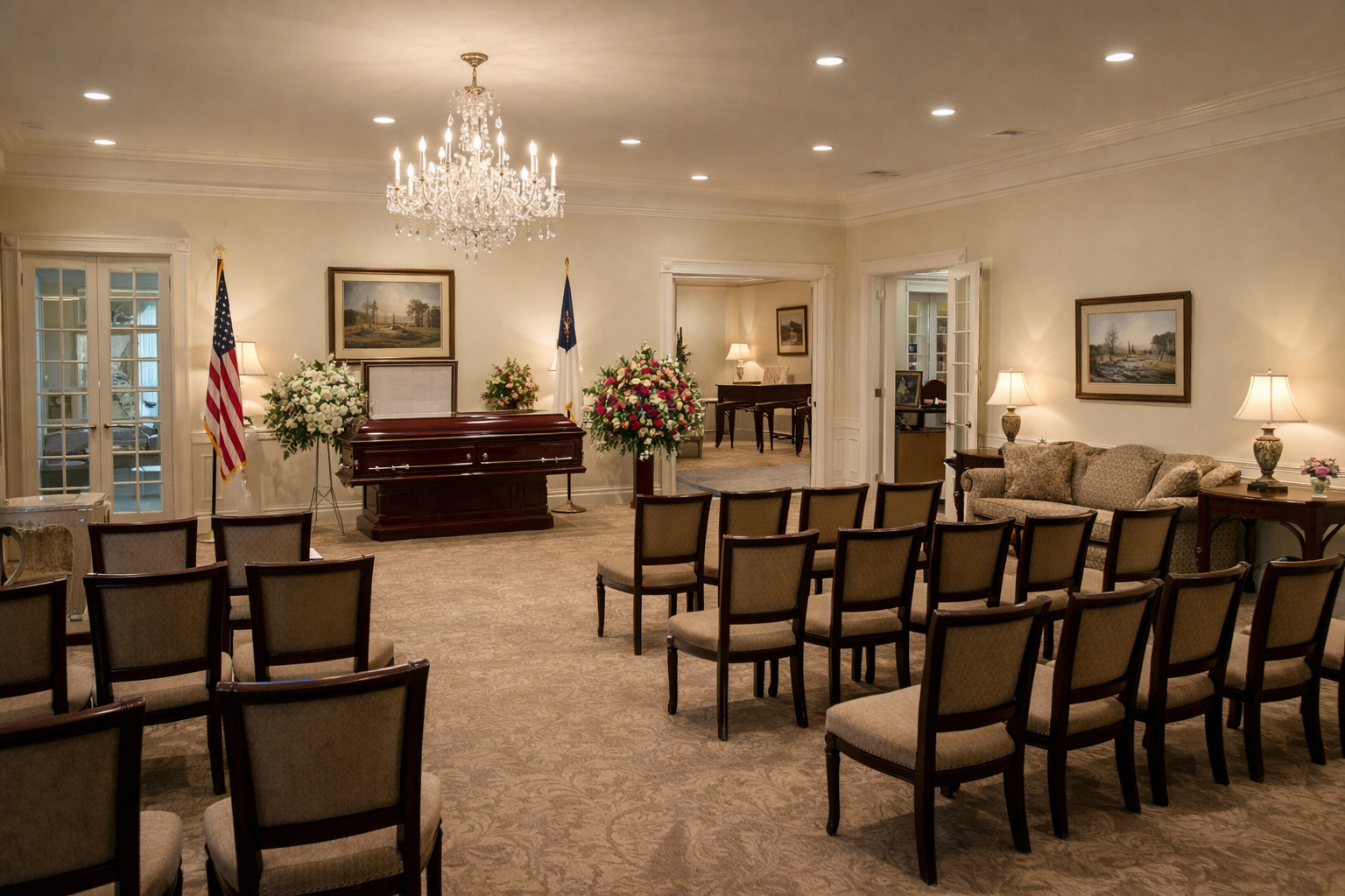 Memorial room with casket, flags, floral tributes, and rows of chairs under chandeliers