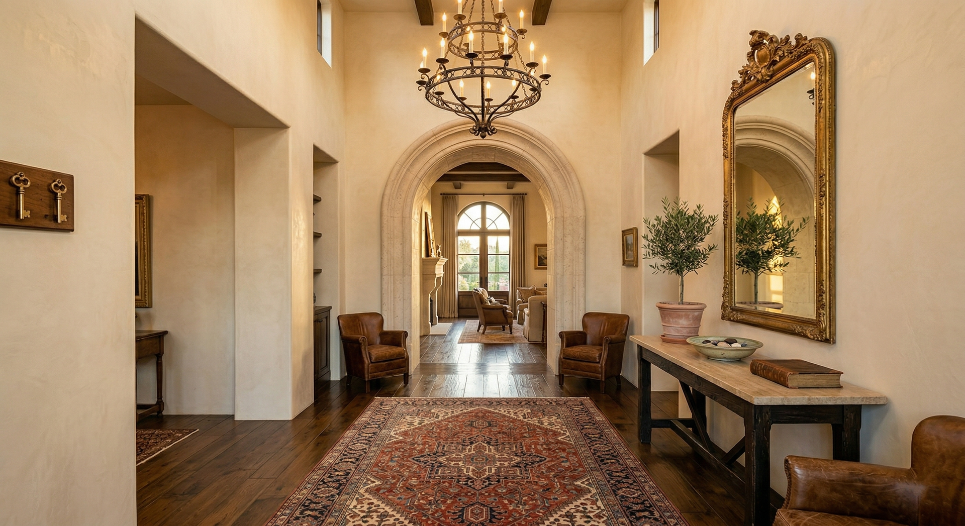 Elegant hallway with chandelier, arched doorway, large mirror, console table, and patterned runner rug