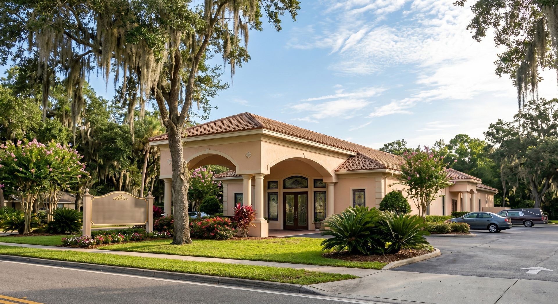 Single-story stucco office building with tiled roof, palm trees, and parked cars on a sunny day