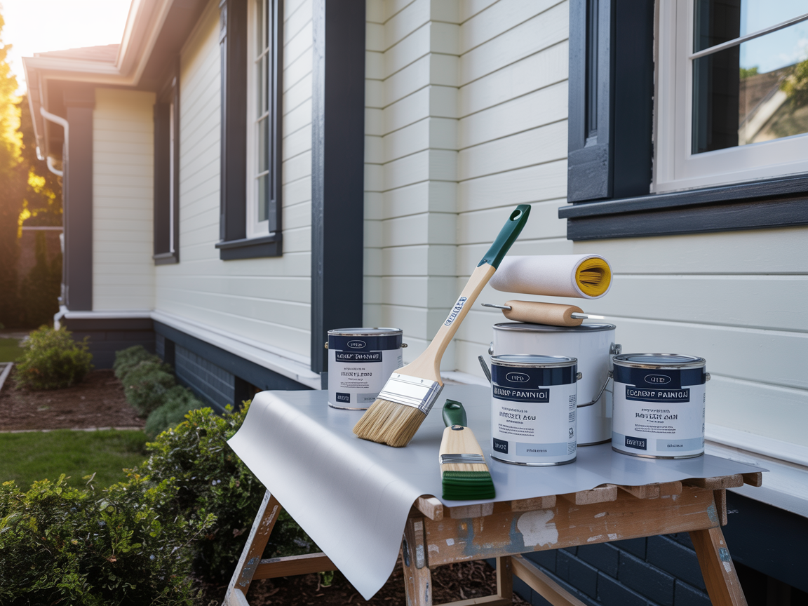 Paint supplies on a workbench beside a house exterior being prepped for painting